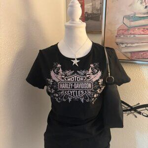 Black Harley Davidson y2k tee with white and pink design
